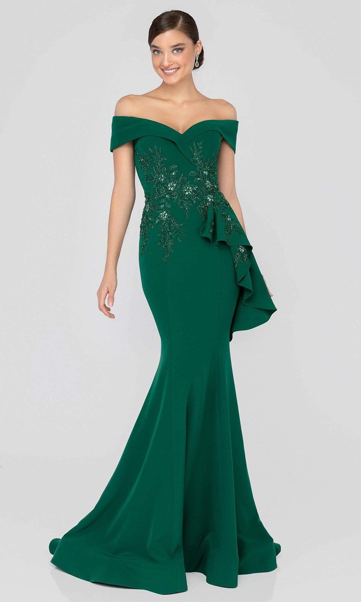 Terani Couture - 1911M9339 Off Shoulder Side Drape Peplum Mermaid Gown - designer evening gown at Silhouette Dresses