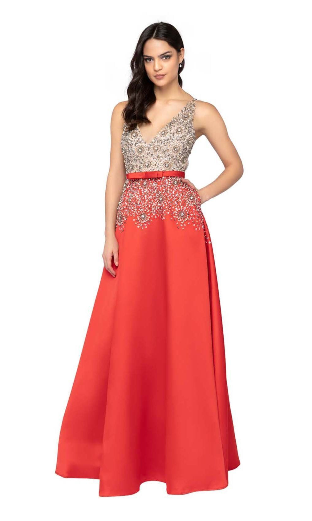 Terani Couture - 1911P8497 Beaded Plunging V-Neck A-Line Gown - back view