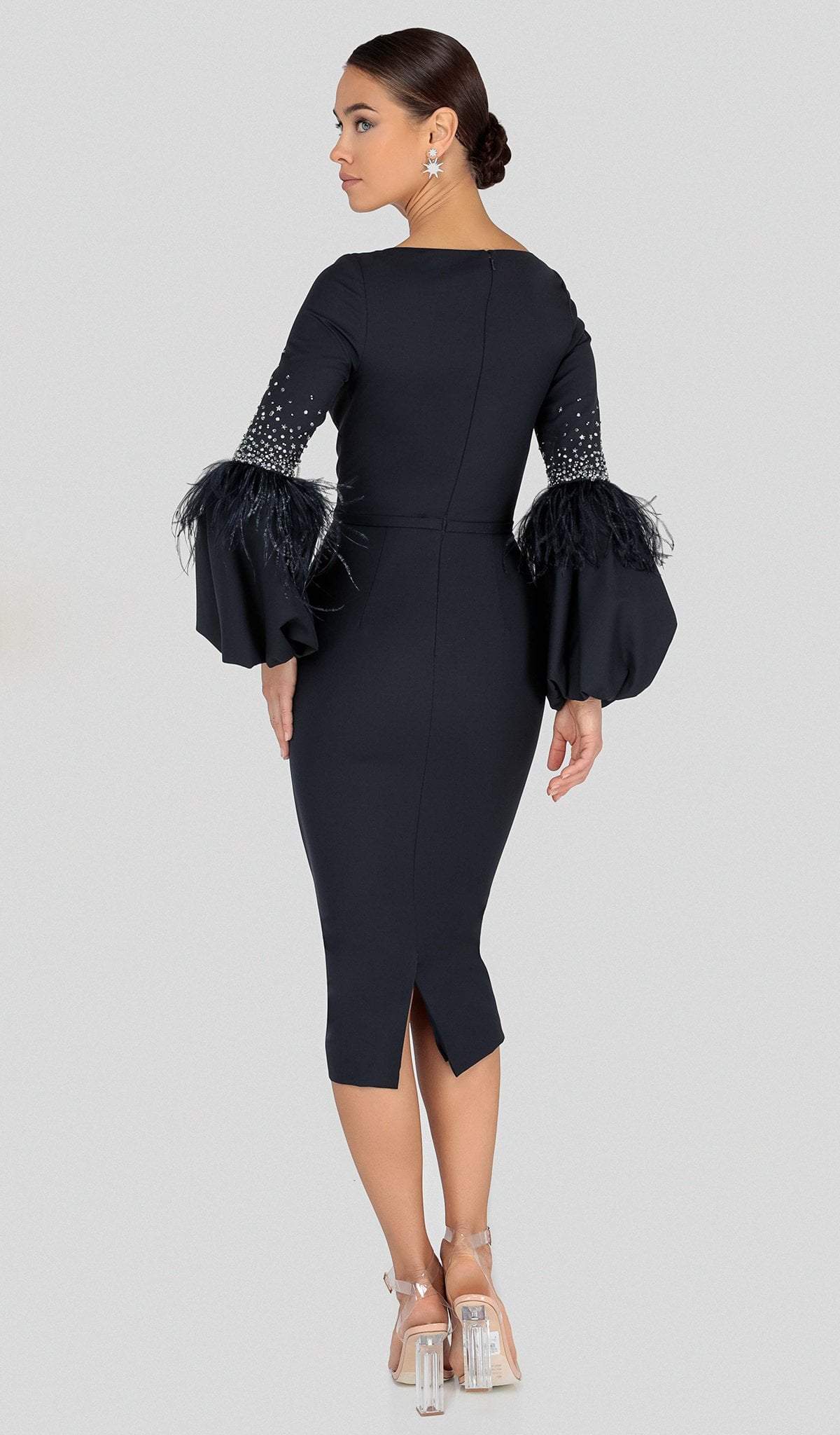 Terani Couture - 1912C9643 Feather-Fringe Sleeve Plunging Sheath Dress