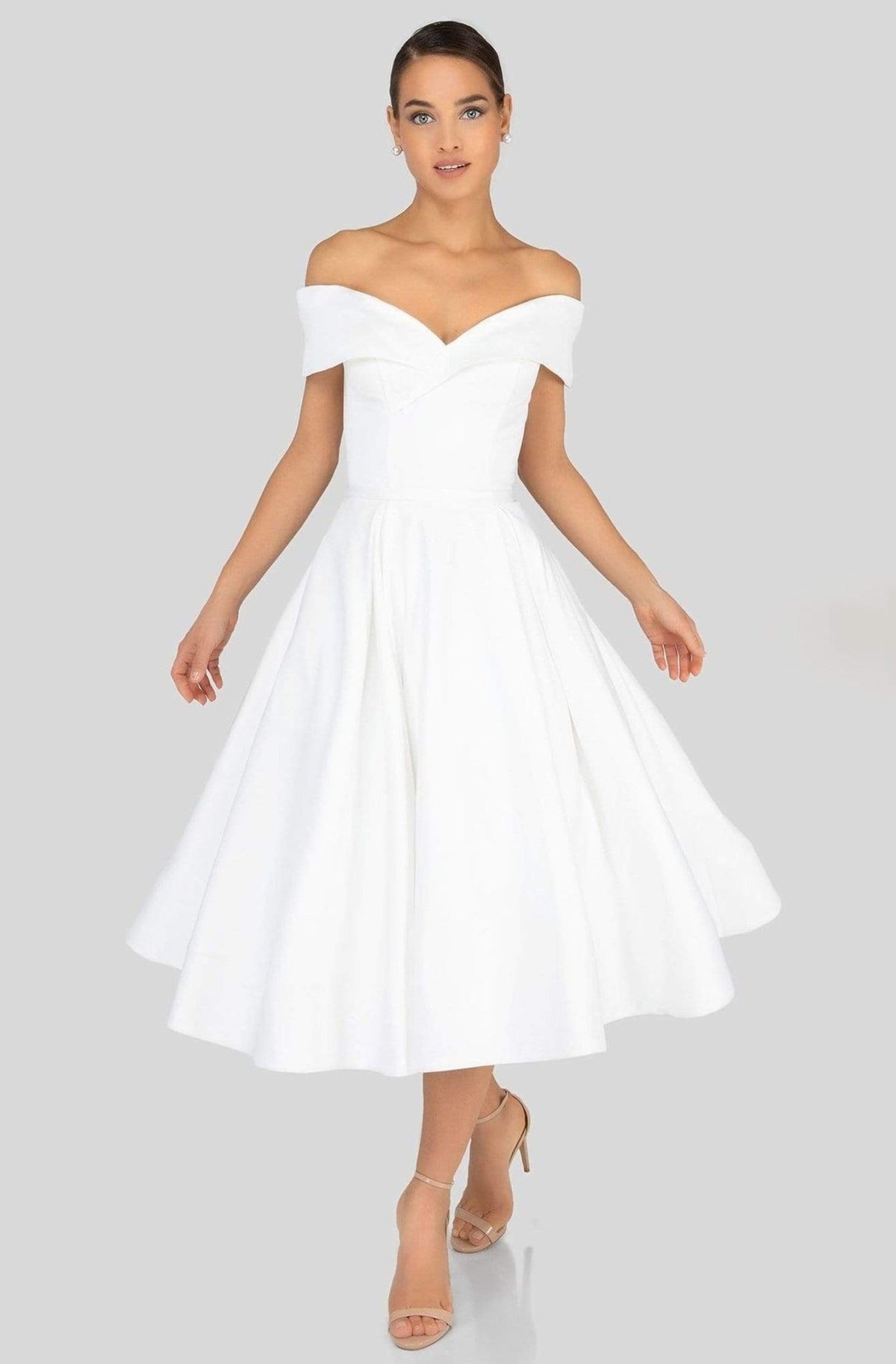 Terani Couture - 1912C9656 Off-Shoulder Tea Length A-line Dress - Silhouette Dresses