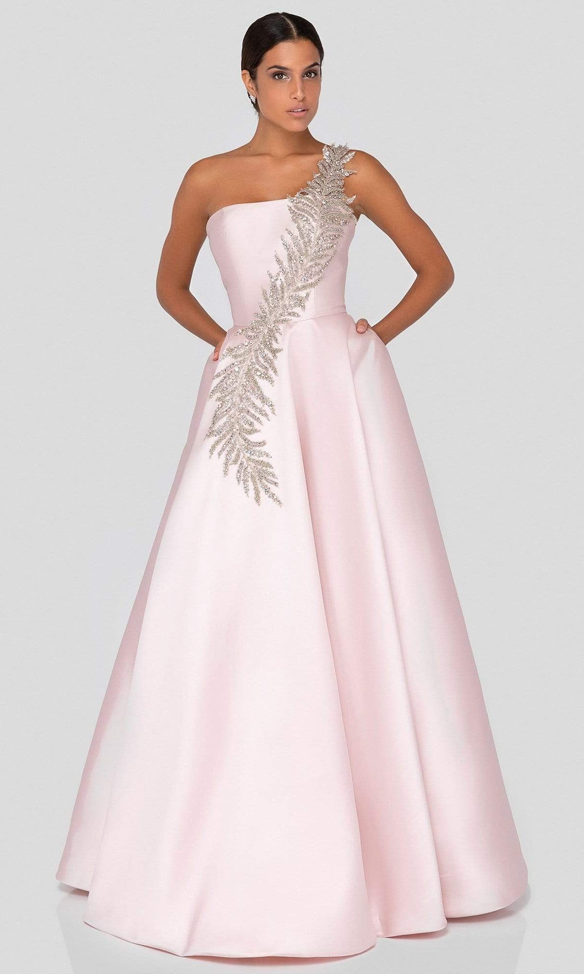 Terani Couture - 1912E9202 One Shoulder Dazzling Fern Accent Gown - designer evening gown at Silhouette Dresses