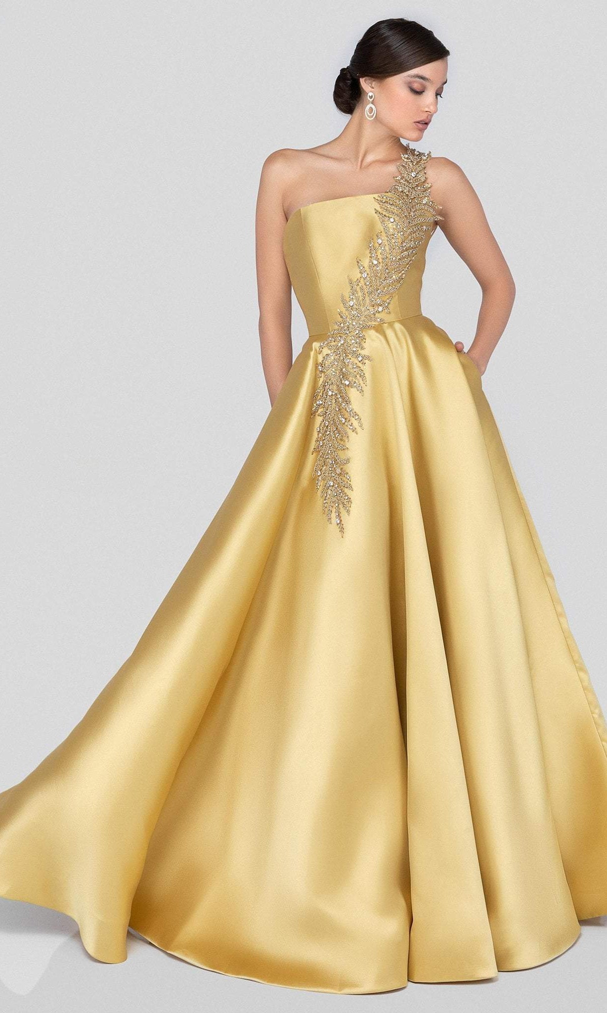 Terani Couture - 1912E9202 One Shoulder Dazzling Fern Accent Gown - view 4