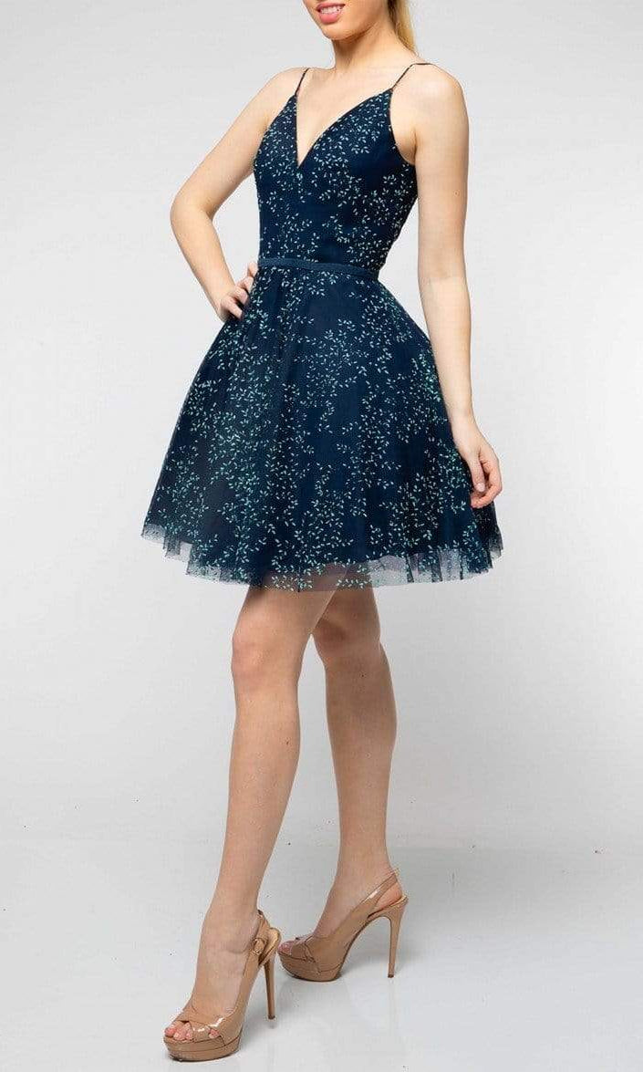 Terani Couture - 1912P8083 Leafy V Neck A-Line Cocktail Dress - designer homecoming dress at Silhouette Dresses