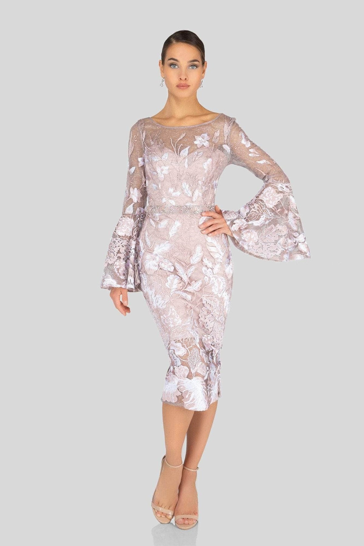 Terani Couture - 1913C9065 Long Bell Sleeve Embroidered Lace Dress