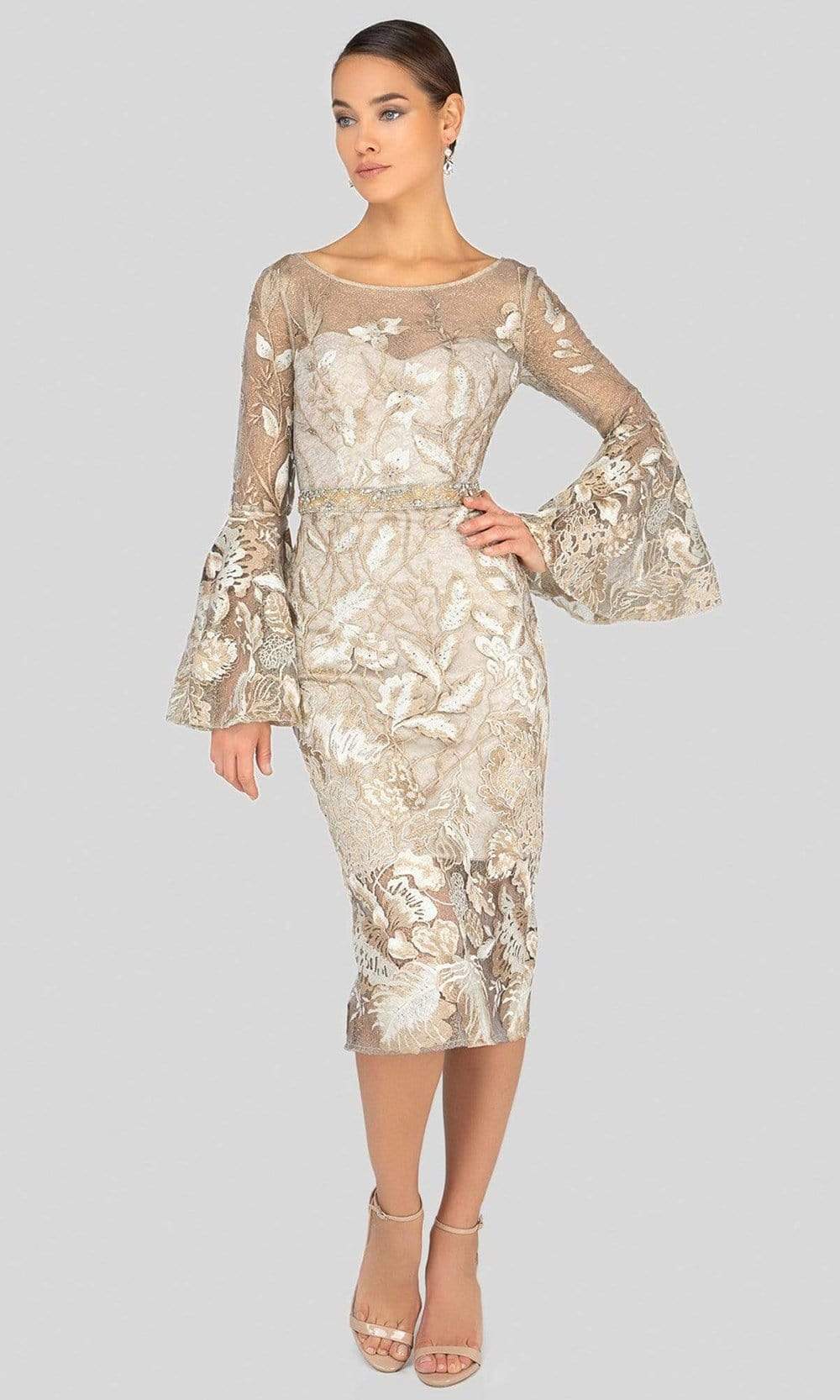 Terani Couture - 1913C9065 Long Bell Sleeve Embroidered Lace Dress