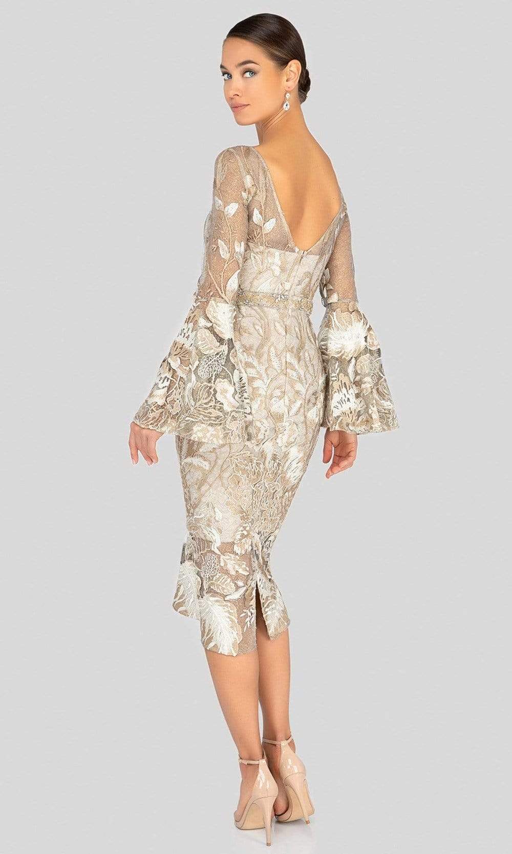 Terani Couture - 1913C9065 Long Bell Sleeve Embroidered Lace Dress
