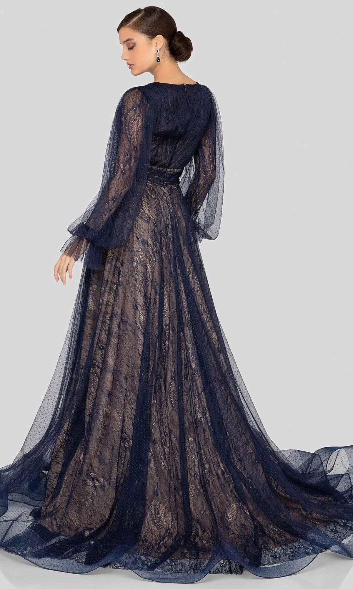 Terani Couture - 1913M9414 Lace Plunging V-neck A-line Dress - back view