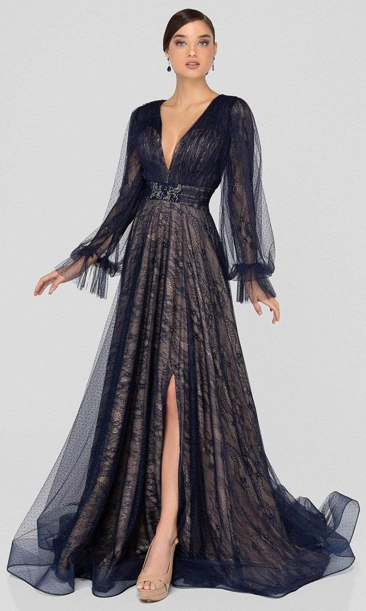 Terani Couture - 1913M9414 Lace V-neck A-line Dress - designer mother of the bride dress at Silhouette Dresses