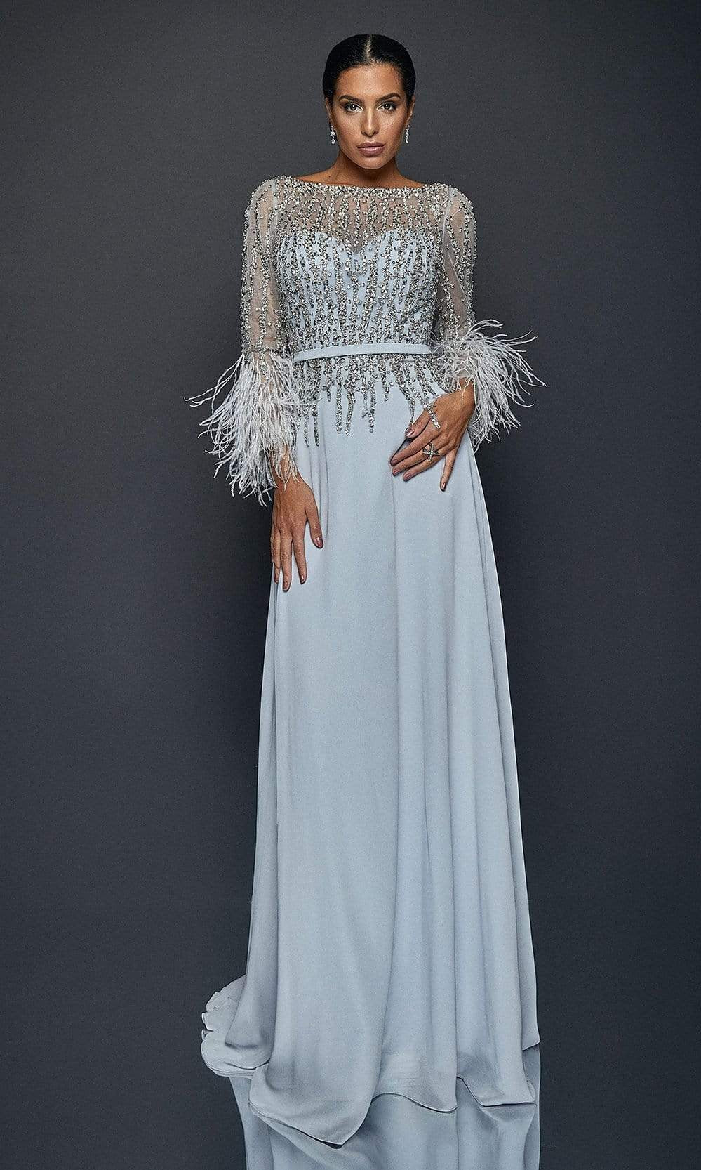 Terani Couture - 1921M0473 Feather-Fringed Quarter Sleeve Jeweled Gown - designer mother of the bride dress at Silhouette Dre