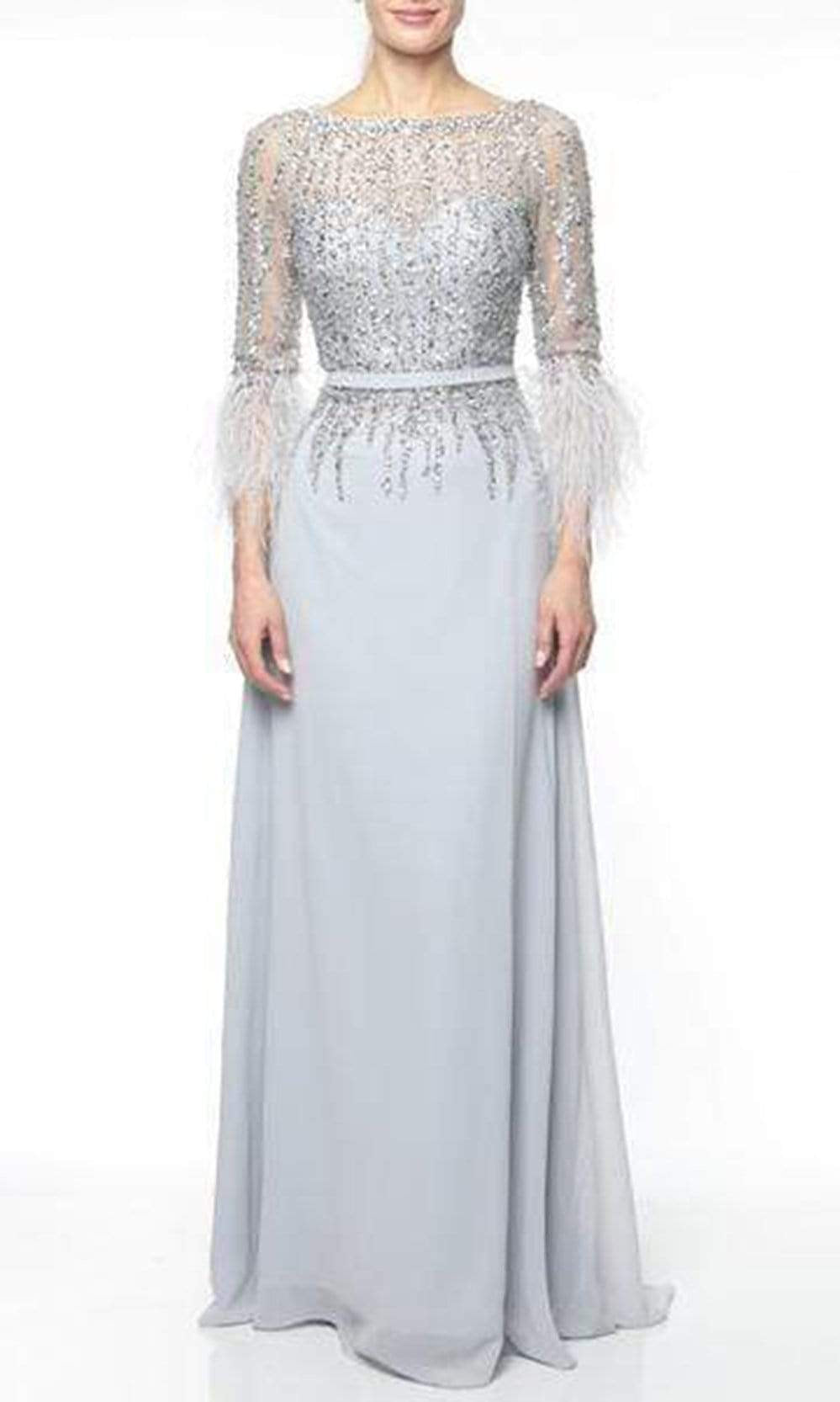Terani Couture - 1921M0473 Feather-Fringed Quarter Sleeve Jeweled Gown - detail view