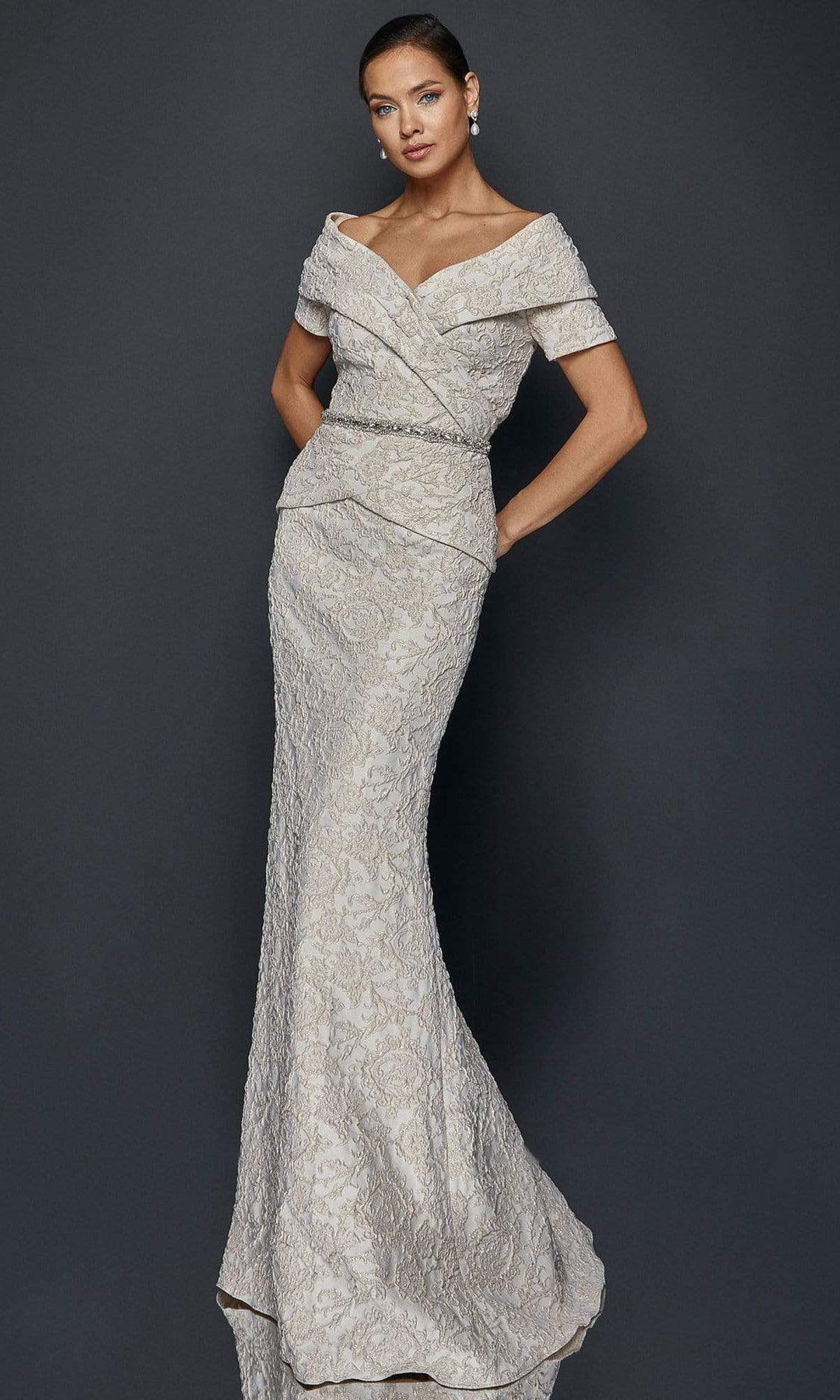 Terani Couture - 1921M0727 Off-Shoulder V-Neck Mother of the Groom Sheath Gown - back view
