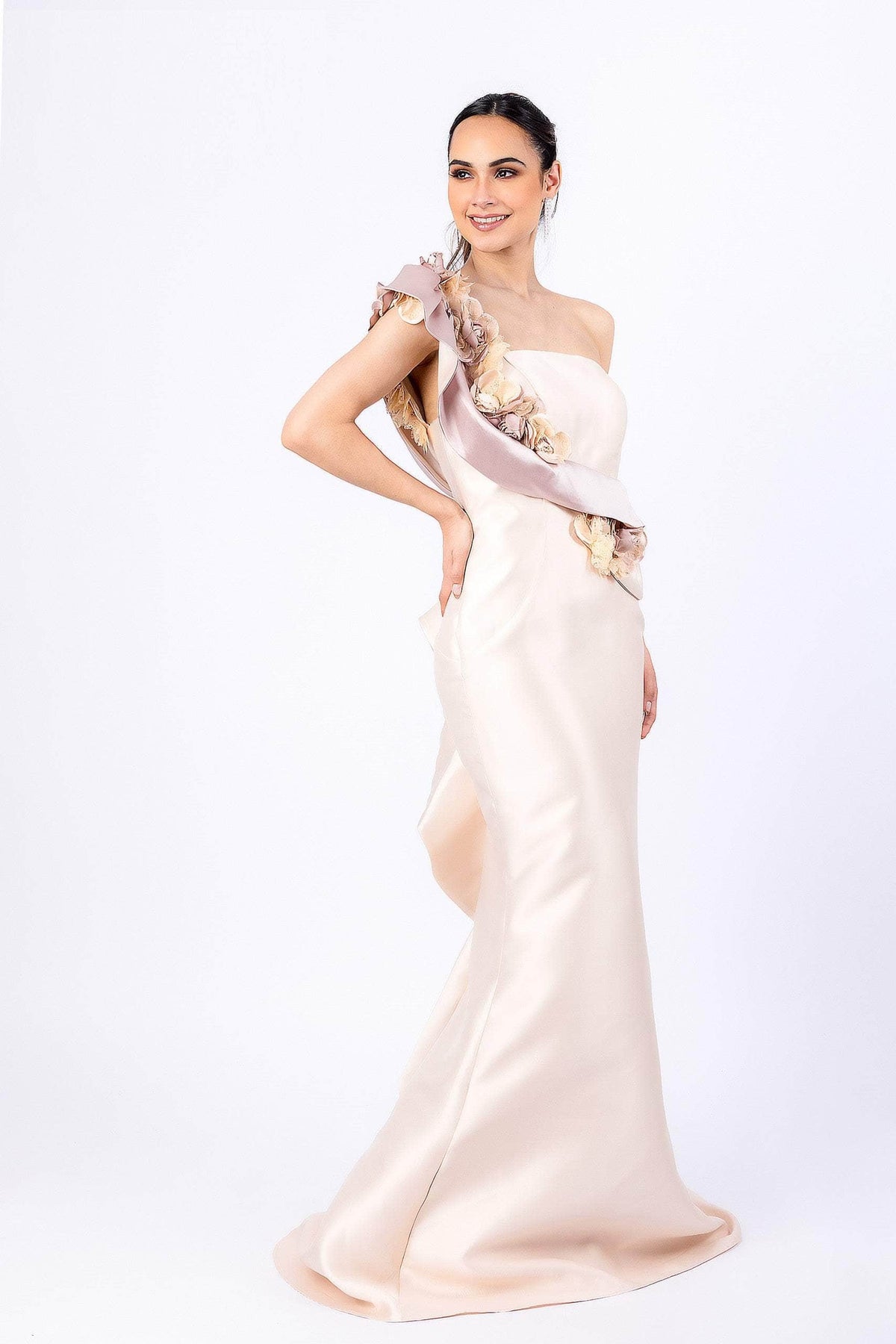 Terani Couture - 2011E2424 One Shoulder Floral Ruffle Trimmed Gown - designer evening gown at Silhouette Dresses