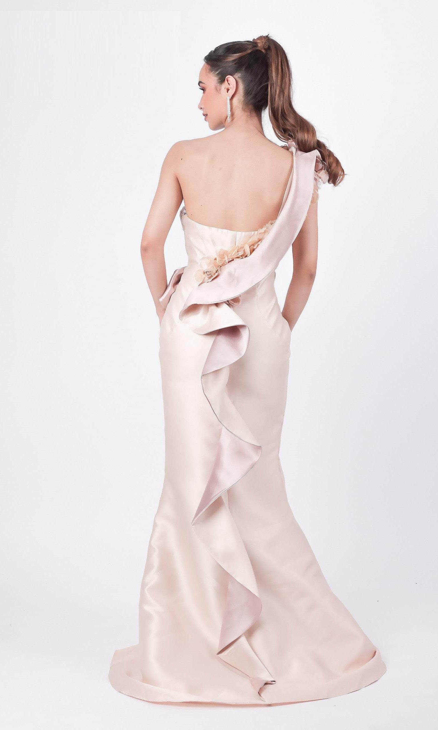 Terani Couture - 2011E2424 One Shoulder Floral Ruffle Trimmed Gown - back view