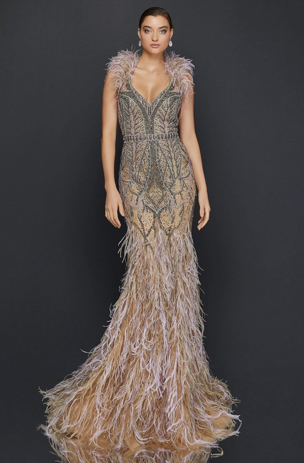 Terani Couture - 2011GL2423 Fringed Queen Anne Trumpet Evening Gown
