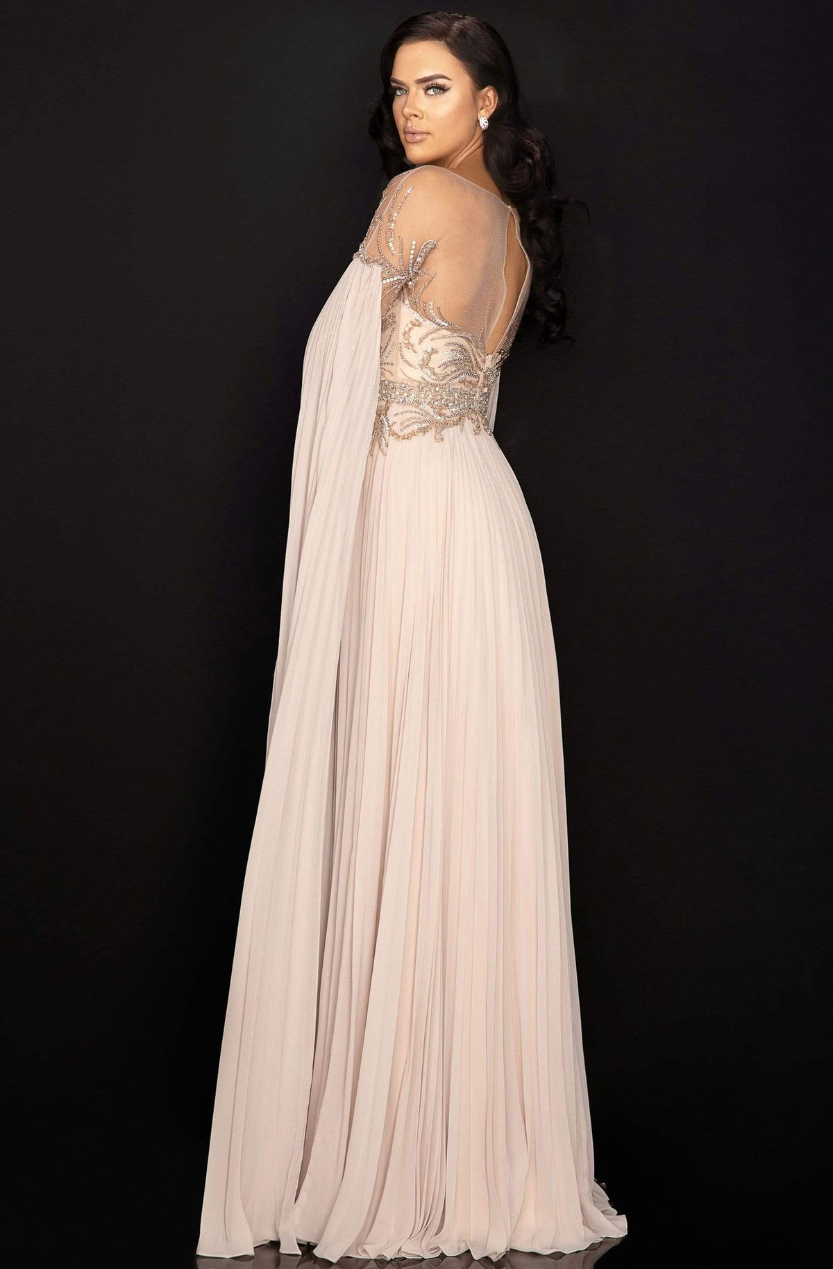 Terani Couture - 2011M2117 Beaded Long Sleeve Pleated Cascade Gown