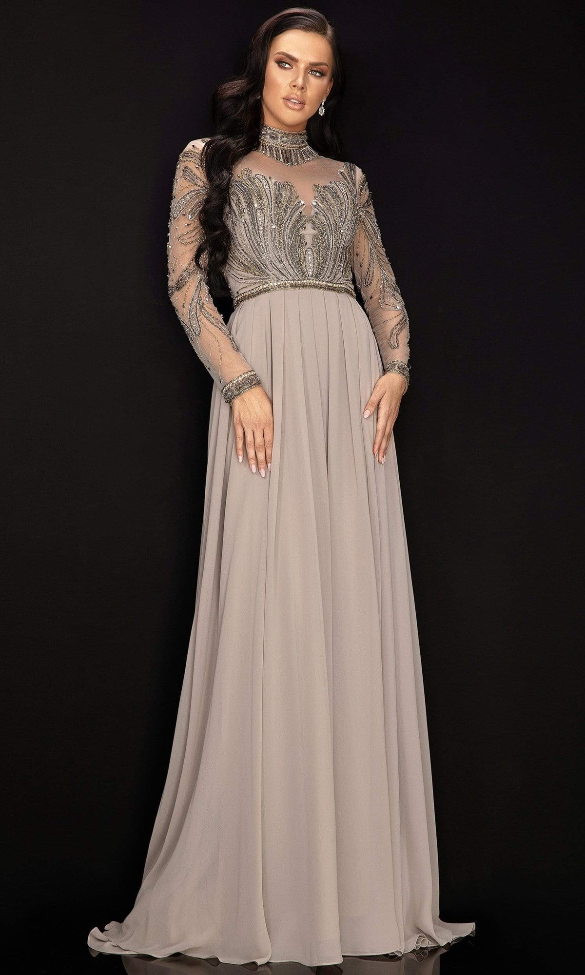 Terani Couture - 2011M2126 Embellished Long Sleeve High A-line Dress - designer mother of the bride dress at Silhouette Dress