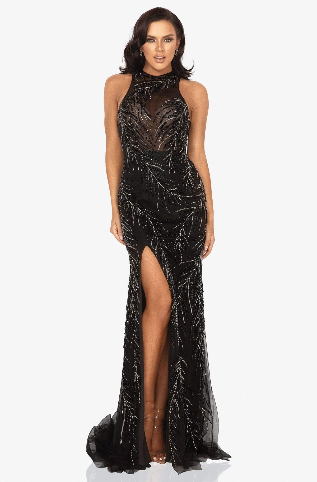 Terani Couture - 2011P1058 Sequined Illusion Gown with Slit - designer evening gown at Silhouette Dresses