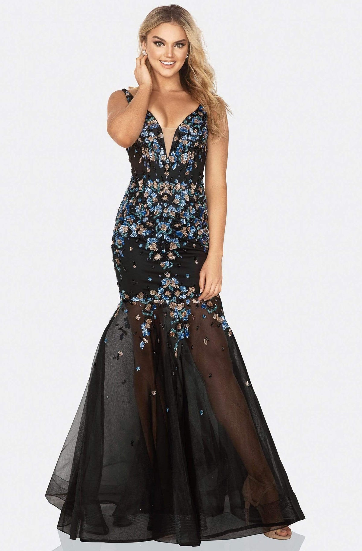 Terani Couture - 2012P1357 Trailing Floral Beaded Trumpet Gown - designer prom dress at Silhouette Dresses