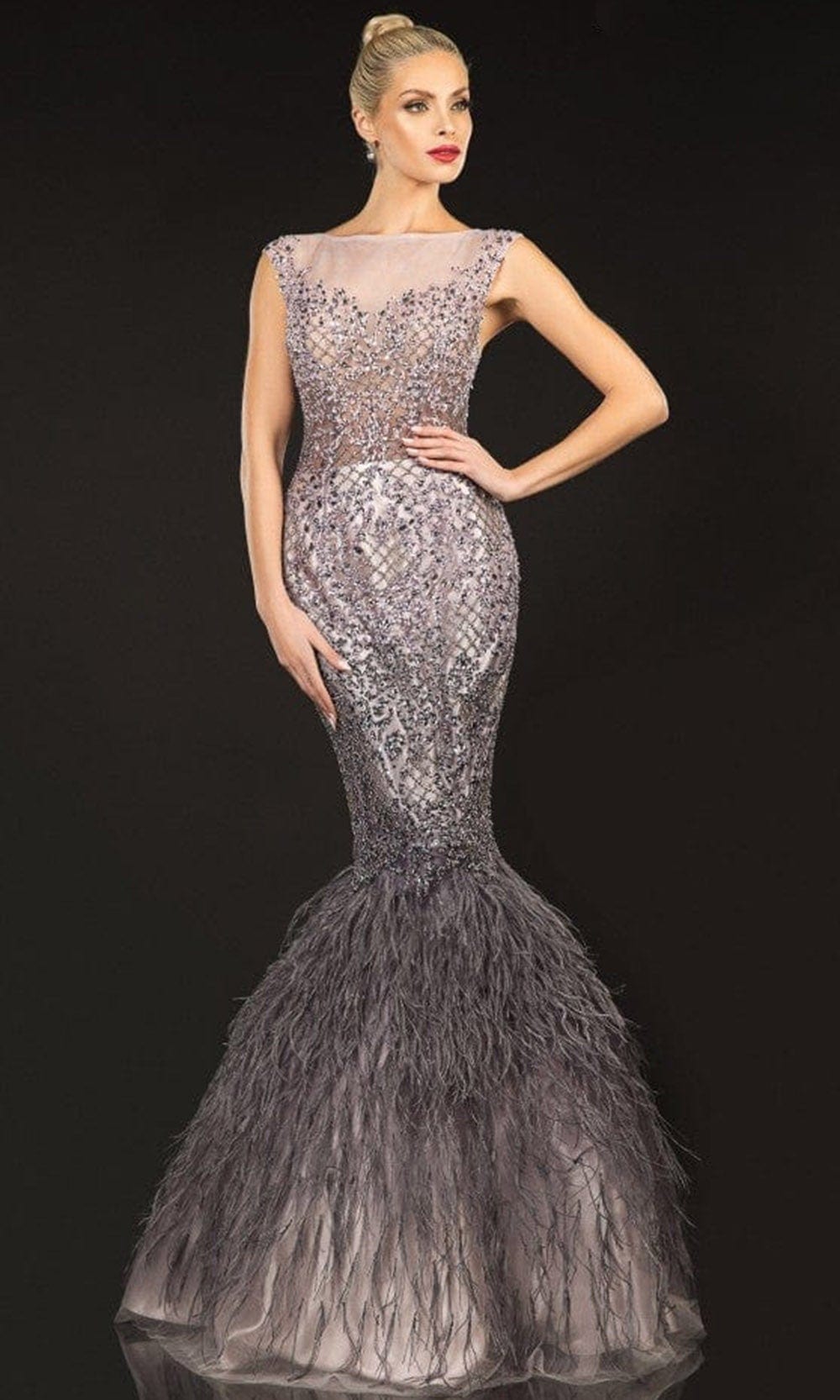 Terani Couture - 2021GL3577 Cap Sleeve Feathered Mermaid Gown - designer prom dress at Silhouette Dresses