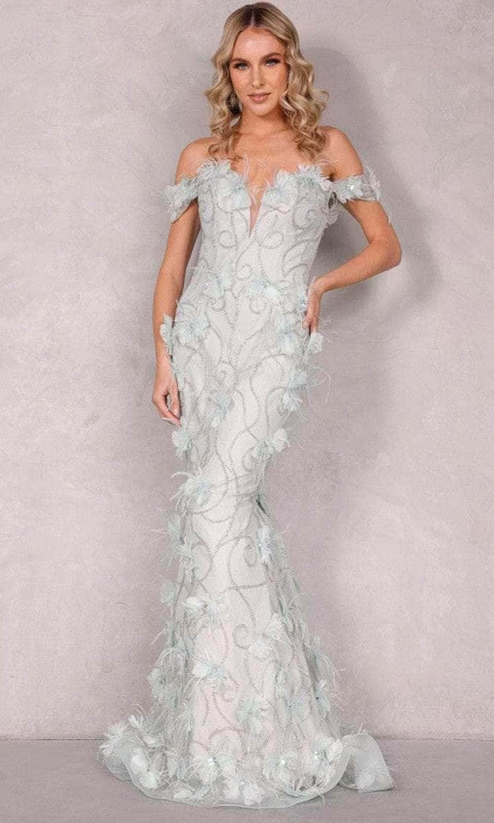 Terani Couture 2027GL3231 - Feather Floral Applique Evening Dress - designer pageant gown at Silhouette Dresses