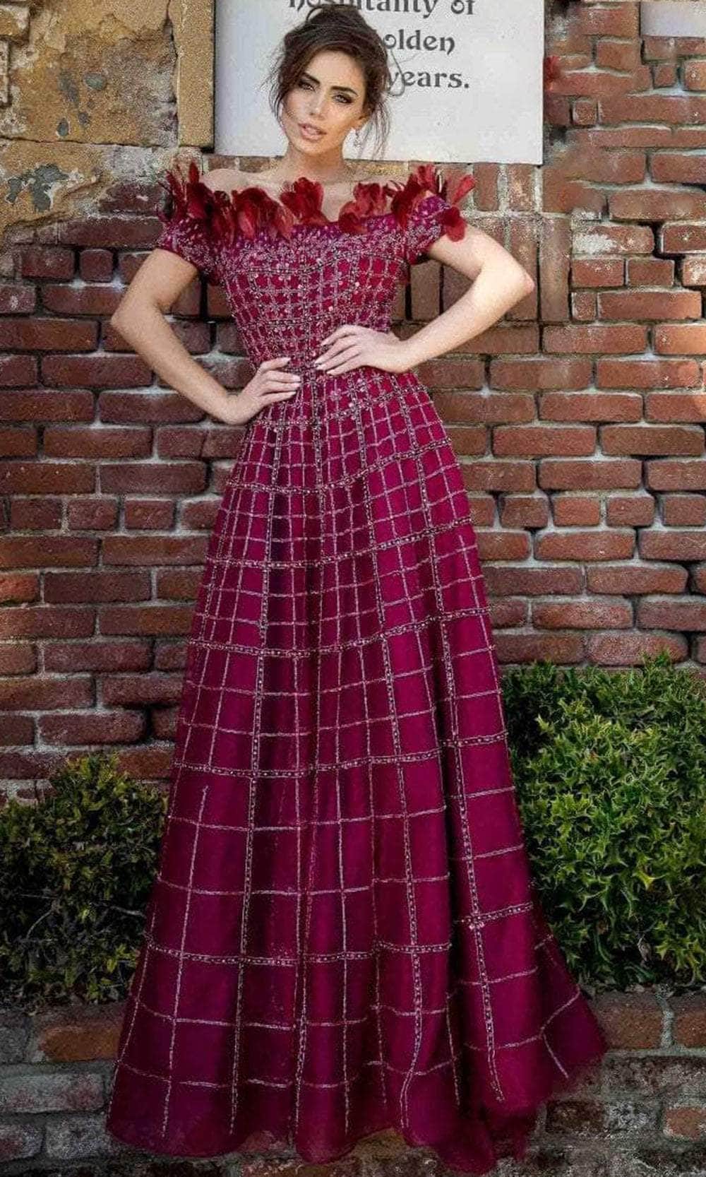 Terani Couture 2027GL3240 - Off-Shoulder Feather Long Dress