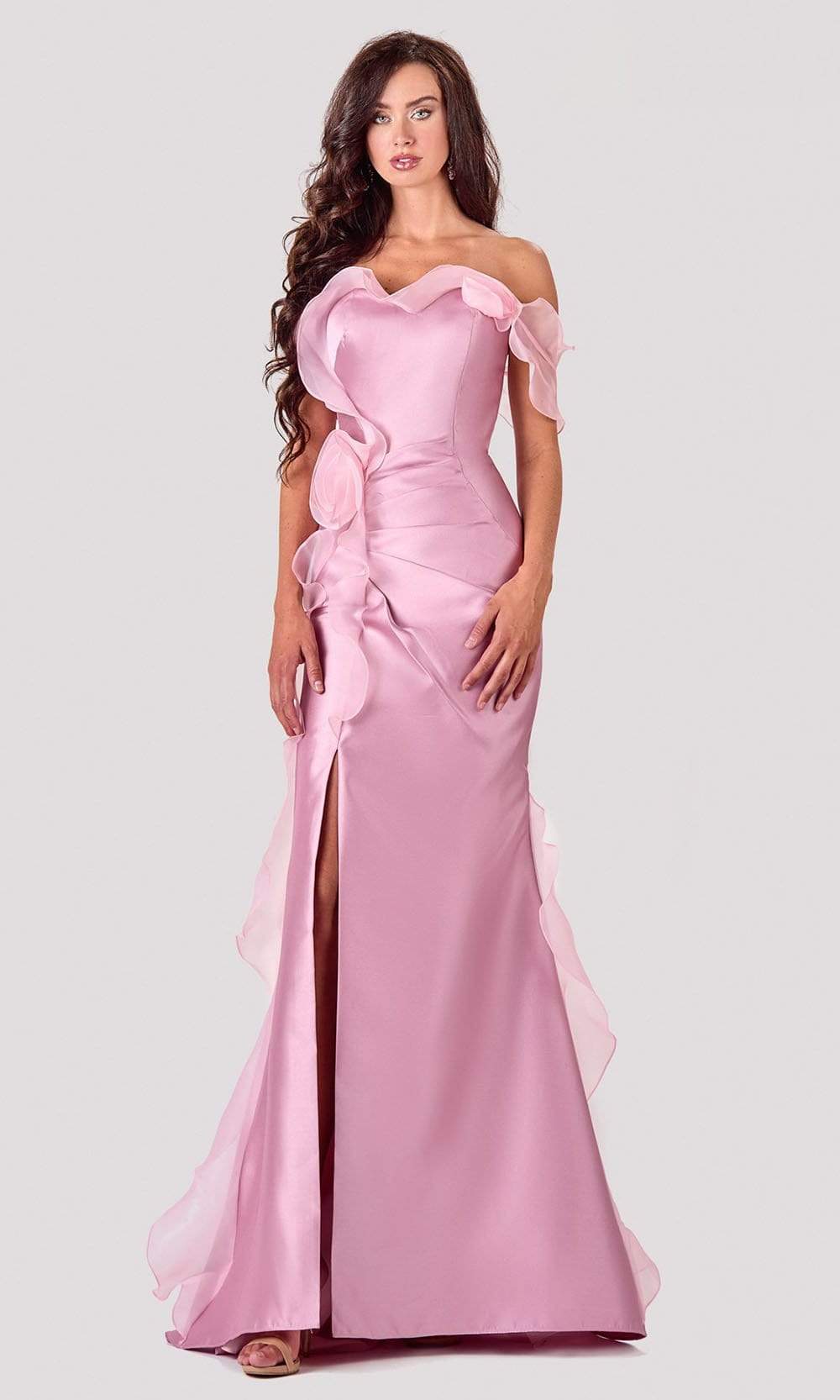 Terani Couture - 2111E4743 Strapless Floral Frill Slit Mermaid Gown - back view