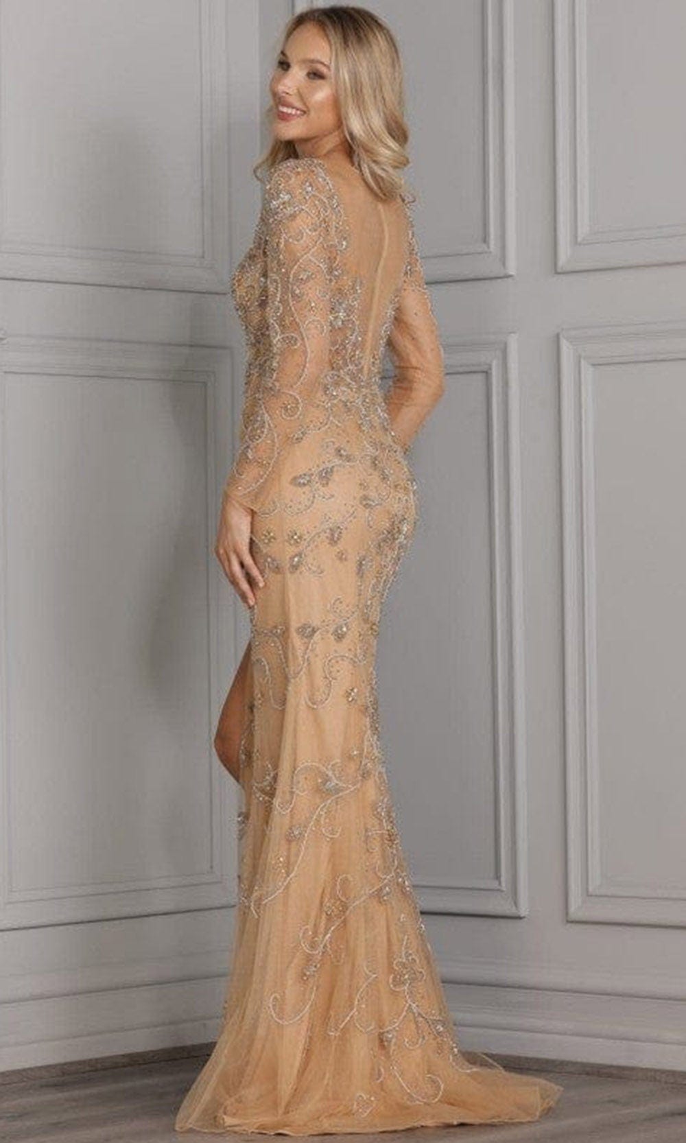 Terani Couture - 2111GL5023 Plunging V-Neck Appliqued Gown
