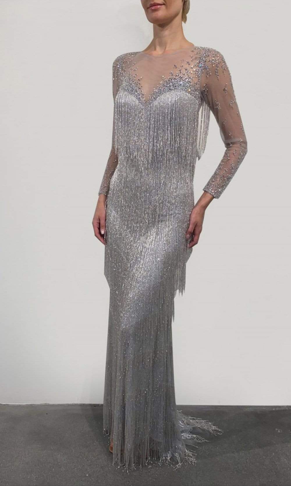Terani Couture - 2111GL5037 Crystal Beaded Fringe-Ornate Gown - designer evening gown at Silhouette Dresses