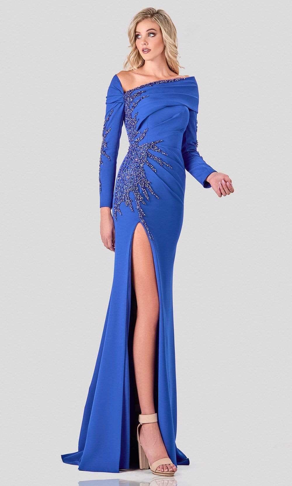 Terani Couture - 2111M5263 Beaded Long Sleeve Long Dress With Slit