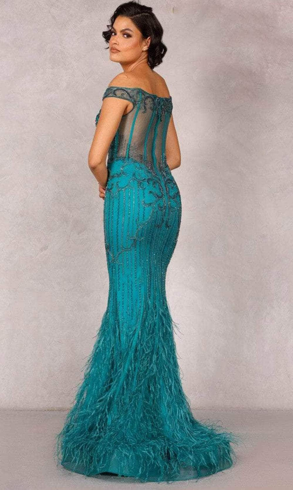 Terani Couture 2214GL0113 - Feather-Ornate Beaded Evening Dress - back view
