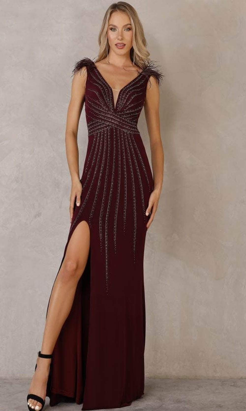 Terani Couture - 2215P0036 V-Neck Beaded Sheath Gown - designer prom dress at Silhouette Dresses