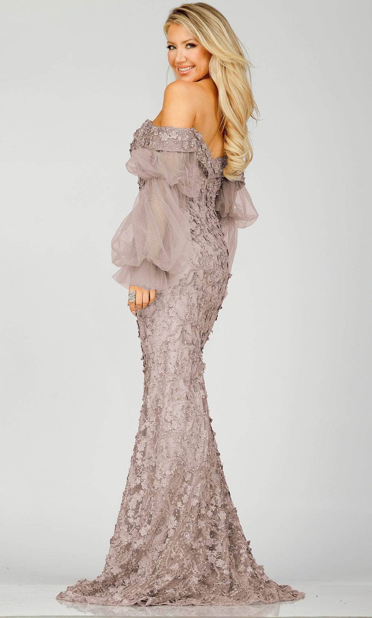 Terani Couture 231E0515 - Off-Shoulder Sheer Sleeves Evening Gown