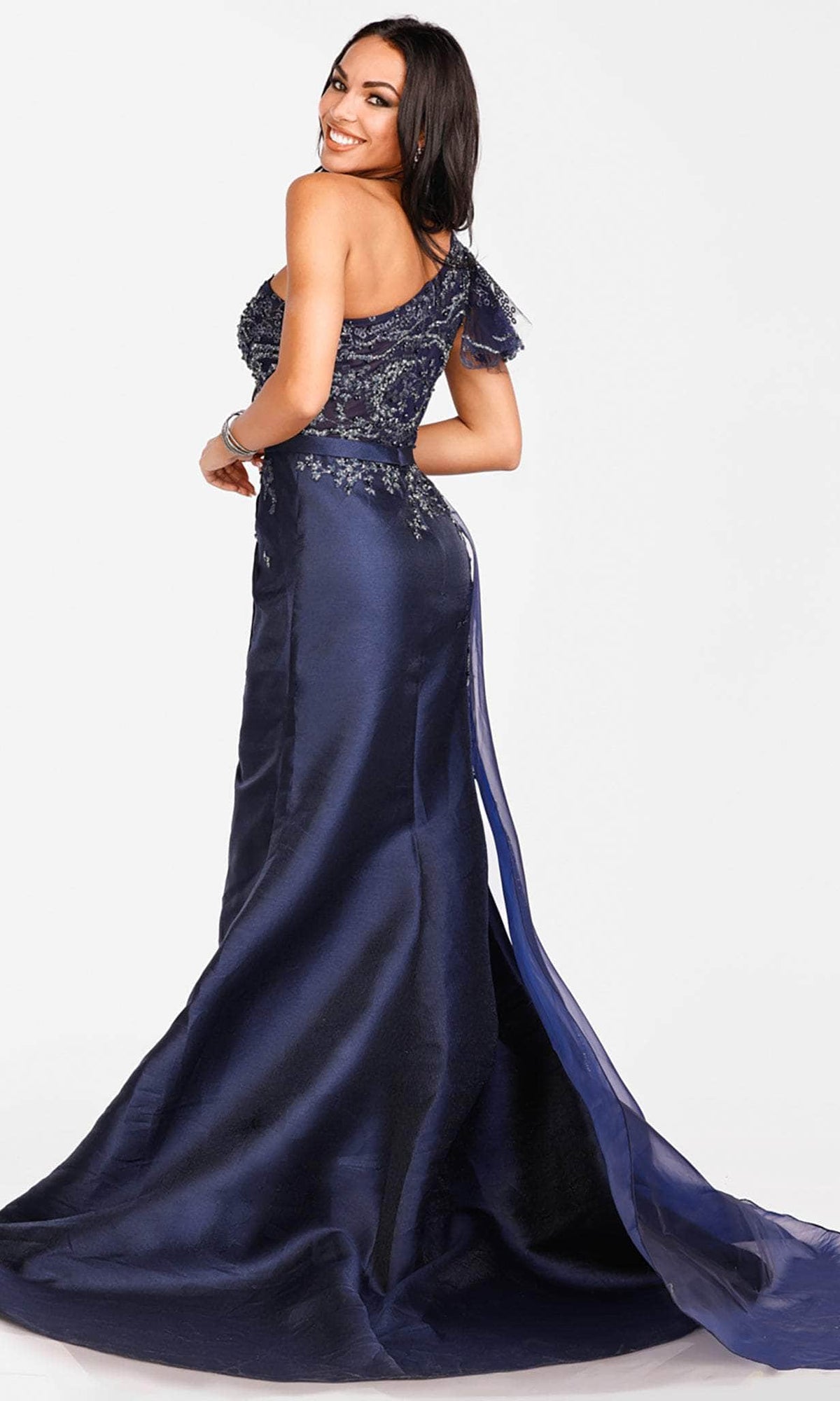 Terani Couture 231E0517 - Ruffled One-Sleeve Asymmetrical Prom Gown - detail view