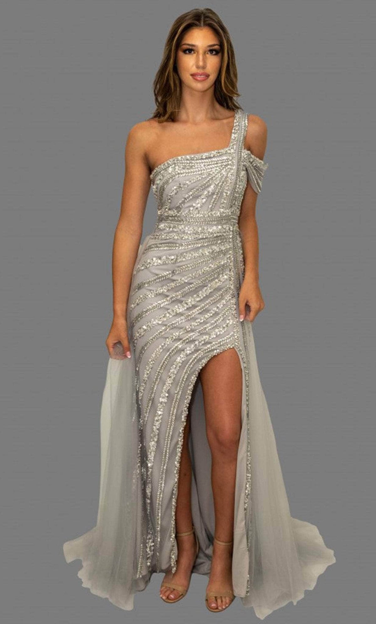 Terani Couture 231GL0376 - One-Sleeve Sequin Embellished Prom Dress - designer pageant gown at Silhouette Dresses