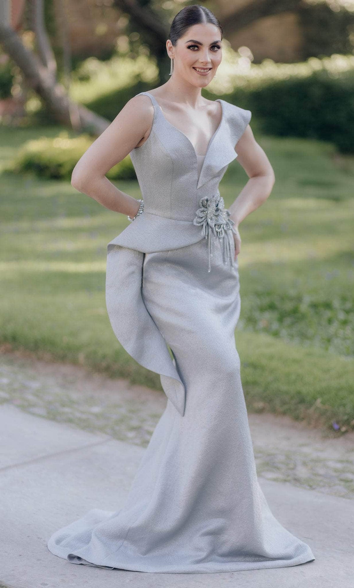 Terani Couture 232E1297 - Plunging V-Neck Brocade Evening Gown - designer formal gown at Silhouette Dresses
