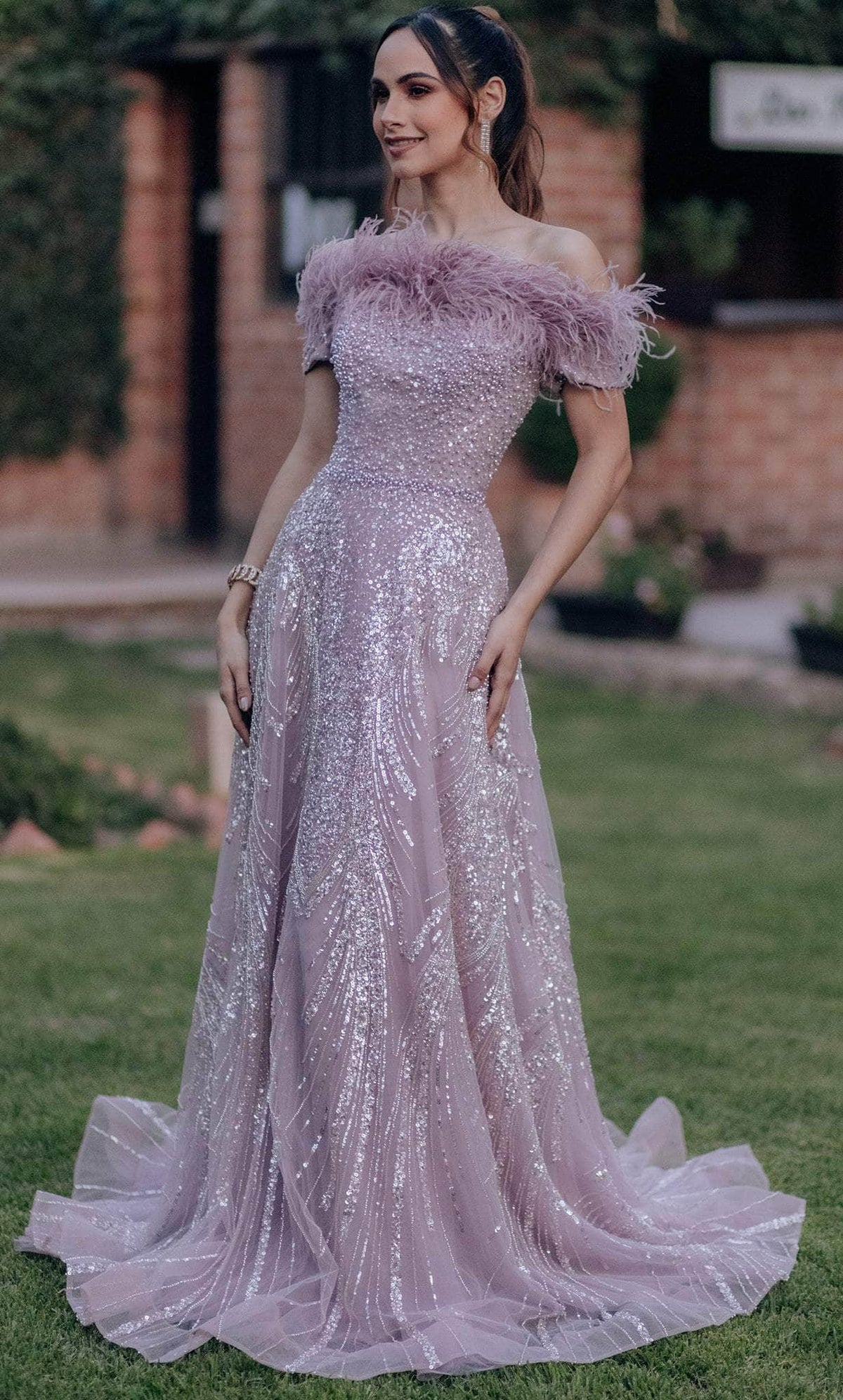 Terani Couture 232E1333 - Feathered Off Shoulder Evening Gown - designer evening gown at Silhouette Dresses