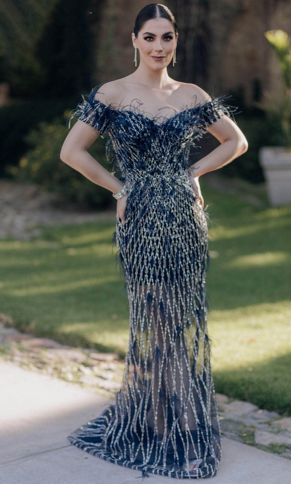 Terani Couture 232GL1439 - Off-Shoulder Feathered Sheer Prom Dress - designer prom dress at Silhouette Dresses