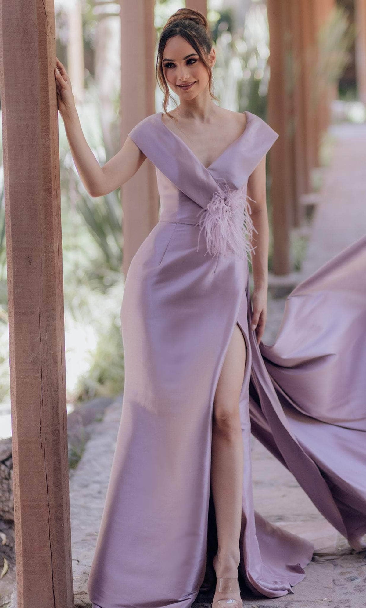 Terani Couture 232M1534 - Cap Sleeve Feather Accent Evening Gown - designer evening gown at Silhouette Dresses