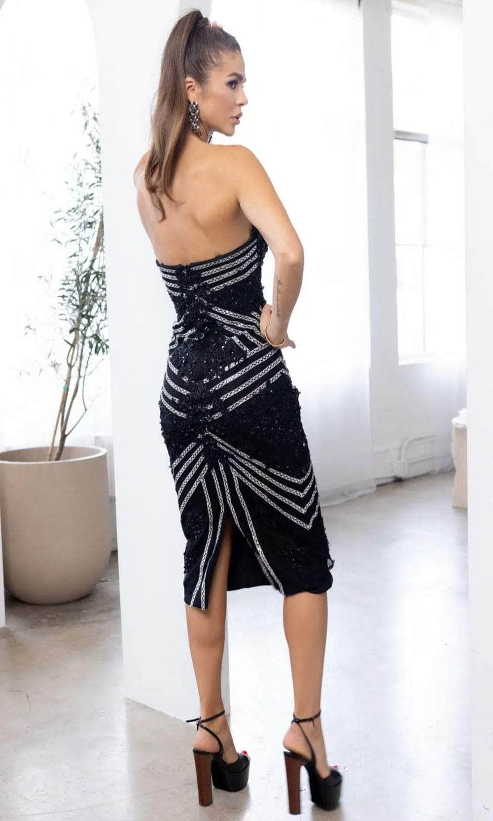Terani Couture 241C2301 - Bodycon Strapless Tulle Black Silver Column Evening Dress - detail view