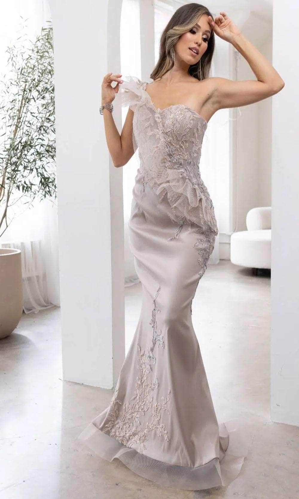 Terani Couture 241E2485 - One-Sleeve Embroidered Evening Dress - designer evening gown at Silhouette Dresses