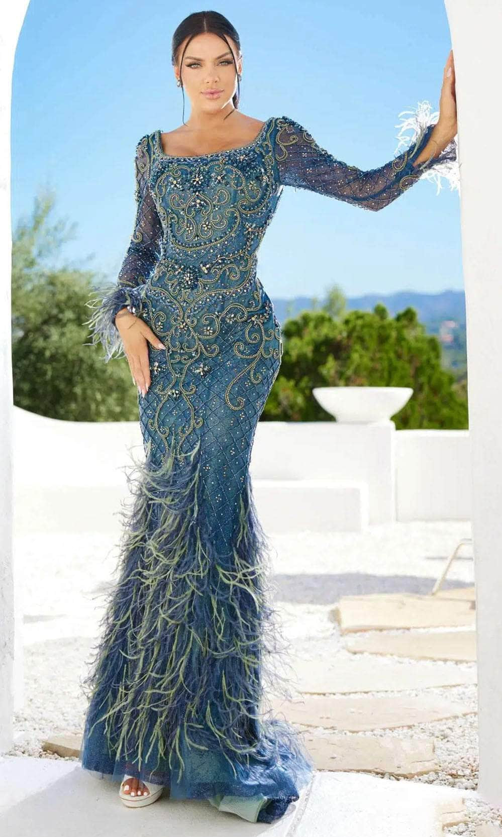 Terani 241GL2646 - Feather Long Sleeve Gown - designer evening gown at Silhouette Dresses