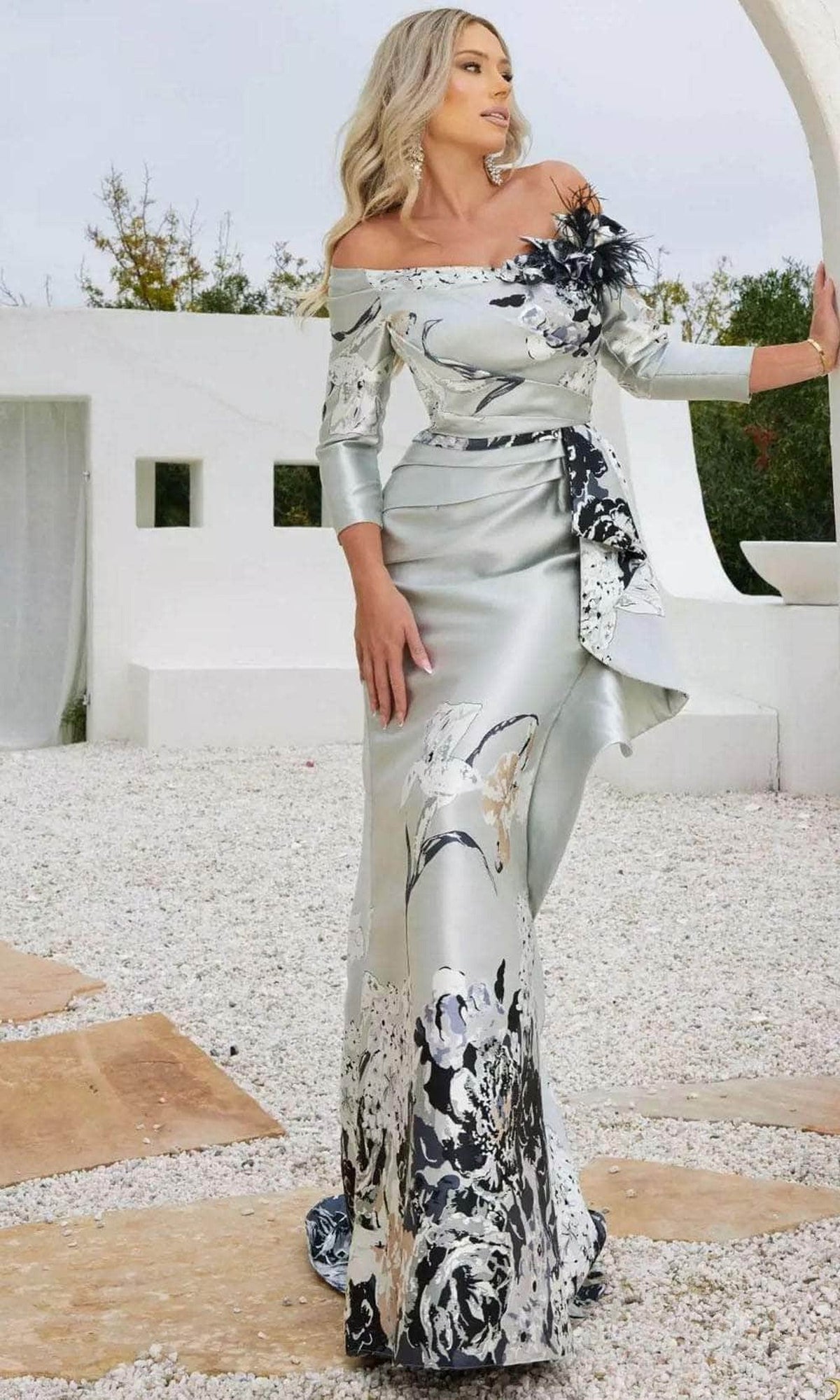 Terani Couture 241M2715 - Off-Shoulder Quarter Sleeve Evening Dress