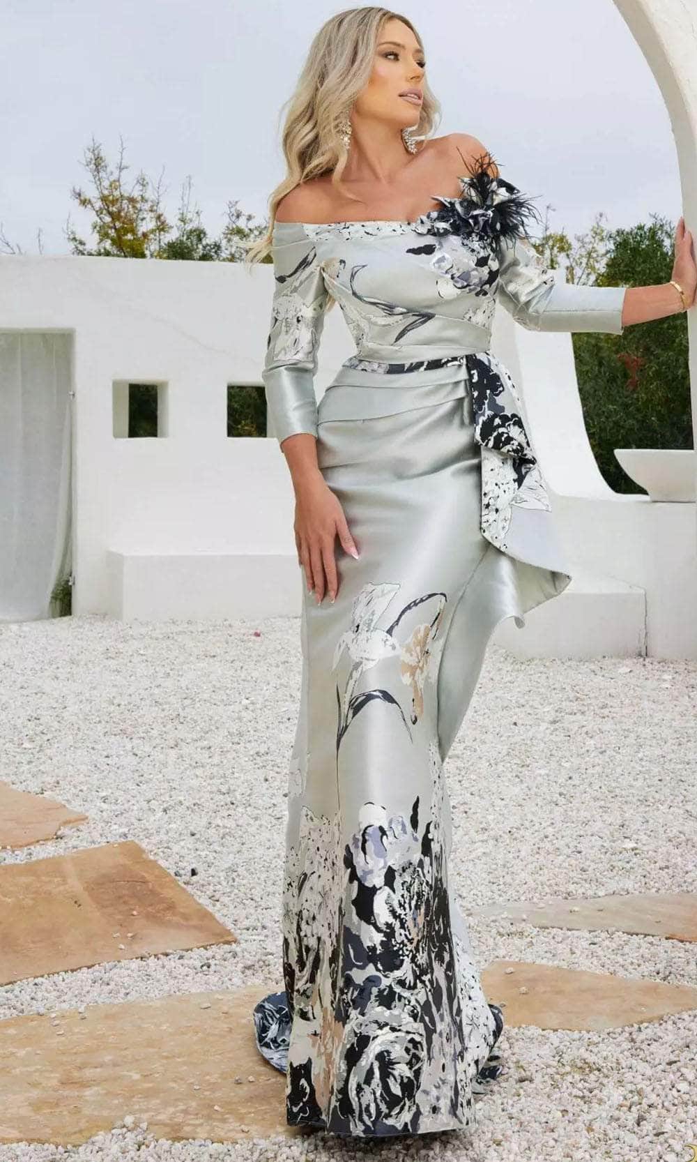 Terani Couture 241M2715 - Off-Shoulder Quarter Sleeve Evening Dress - designer evening gown at Silhouette Dresses