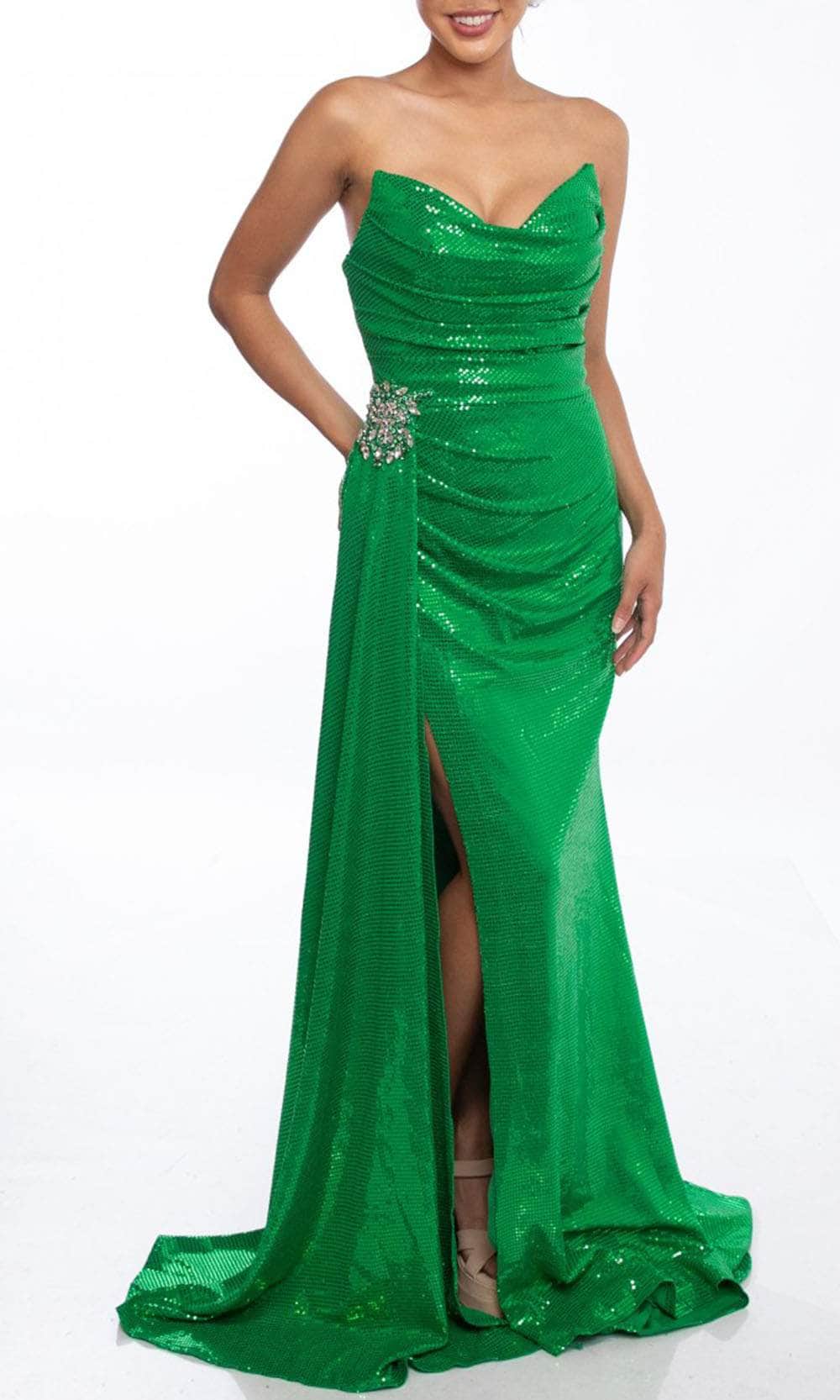 Terani Couture 241P2136 - Draped Sequin Prom Dress with Slit - detail view