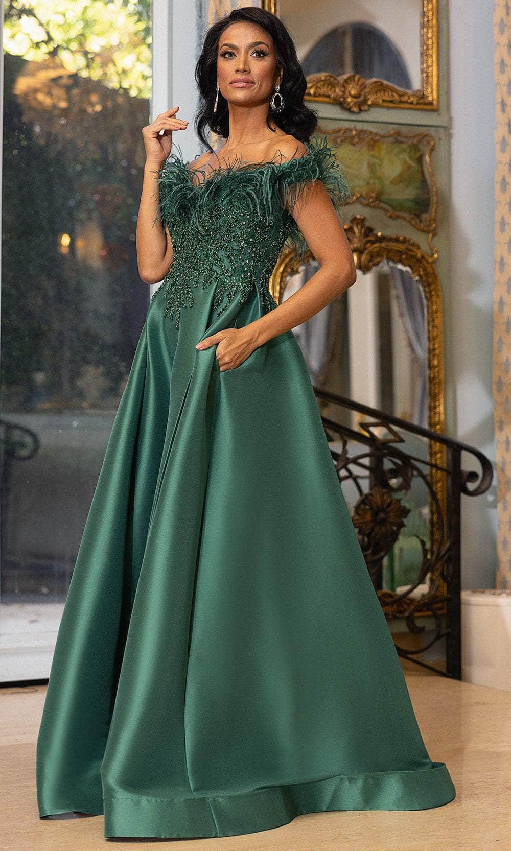 Terani Couture 242M3357 - Feather Accent Off Shoulder Evening Gown - designer prom dress at Silhouette Dresses