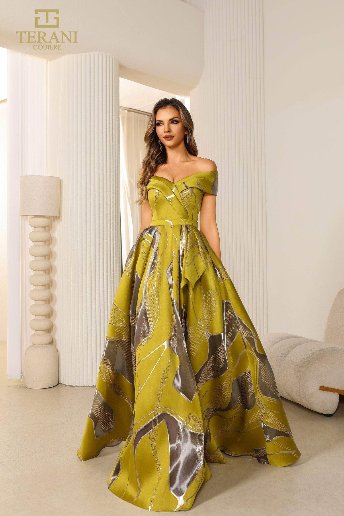 Terani Couture 251E4208 - Pleated Off Shoulder Burn Out Evening Dress