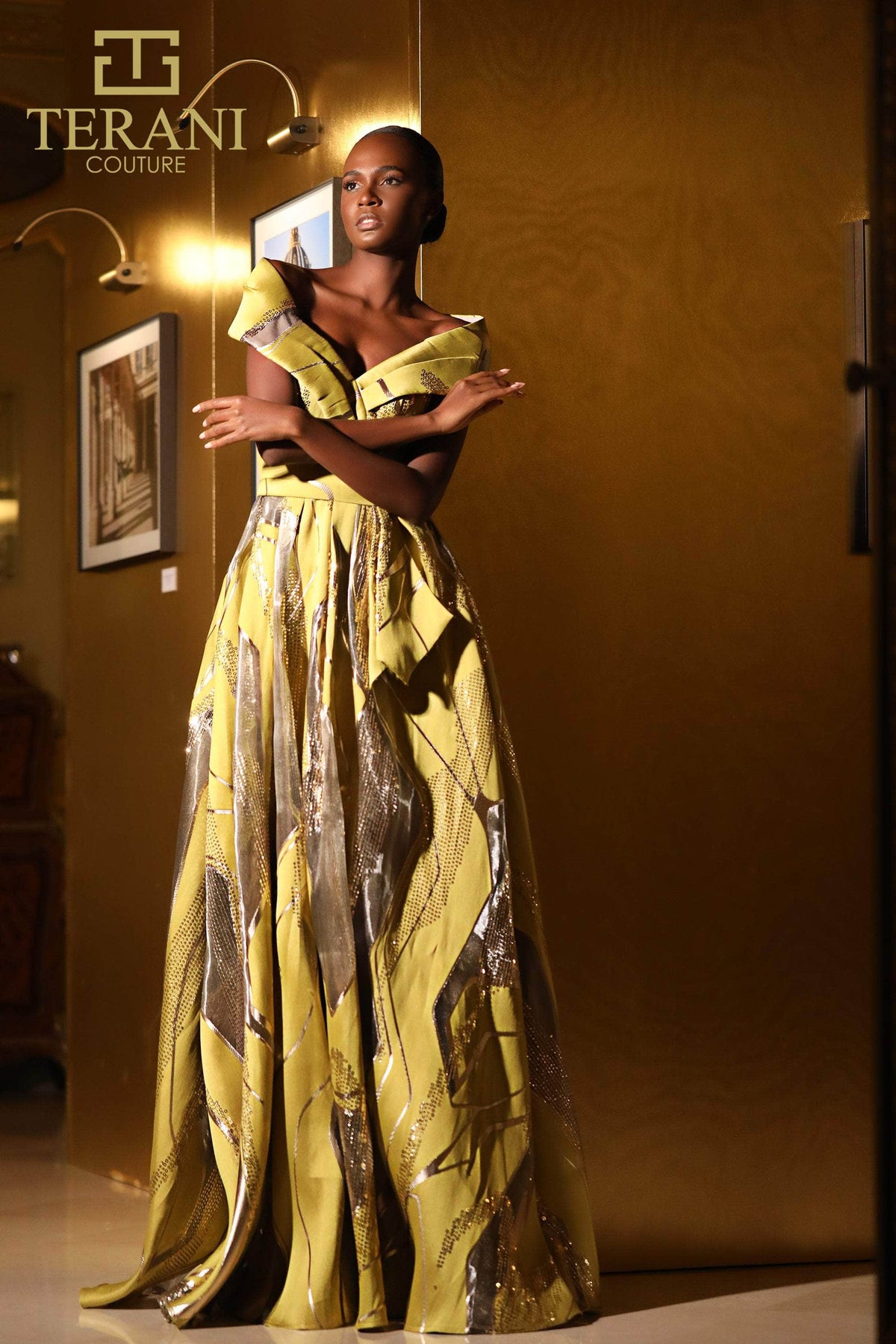 Terani Couture 251E4208 - Pleated Off Shoulder Burn Out Evening Dress