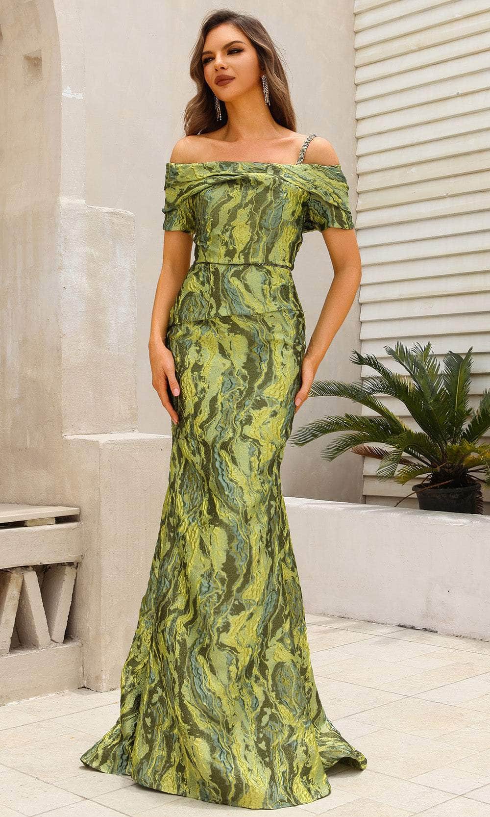 Terani Couture 251M4434 - Off Shoulder Lava Jacquard Evening Dress - designer mother of the bride dress at Silhouette Dresses