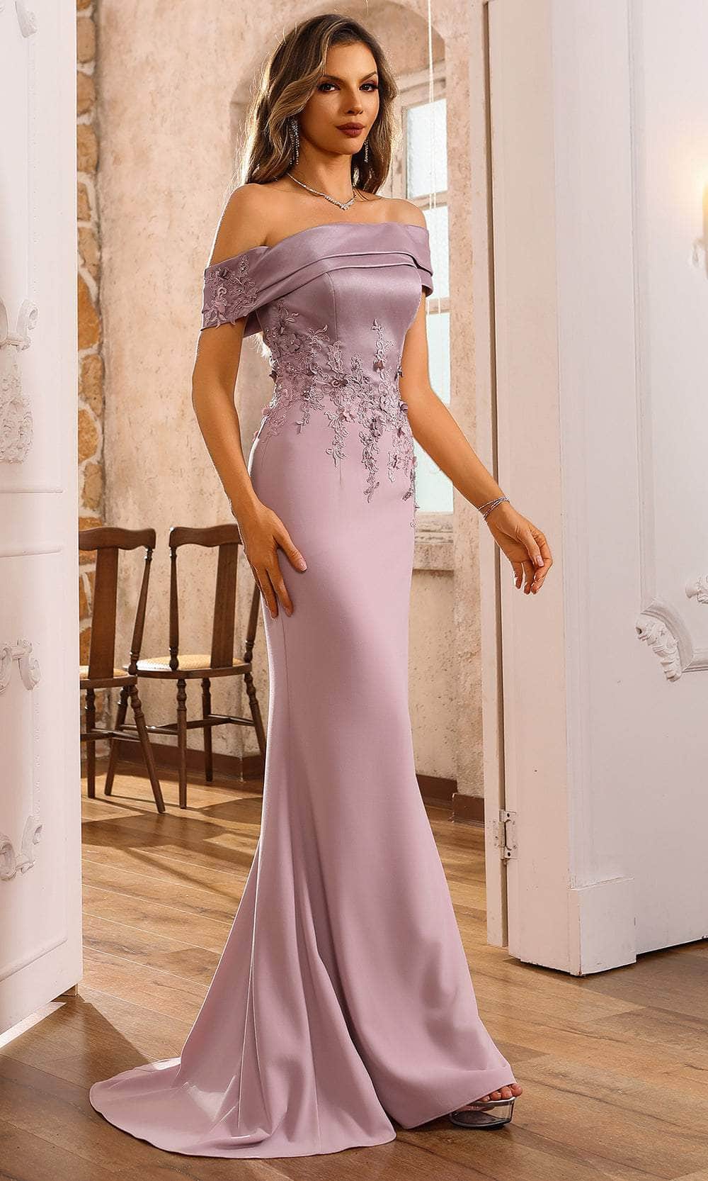 Terani Couture 251M4443 - Off-the-Shoulder Sheath Evening Gown - back view