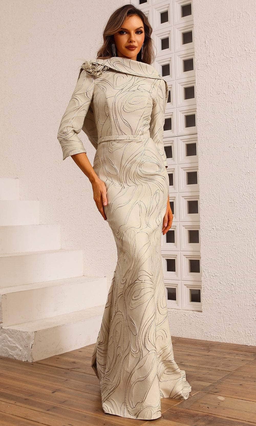 Terani Couture 251M4455 - Quarter Sleeved Jacquard Evening Dress - designer mother of the bride dress at Silhouette Dresses